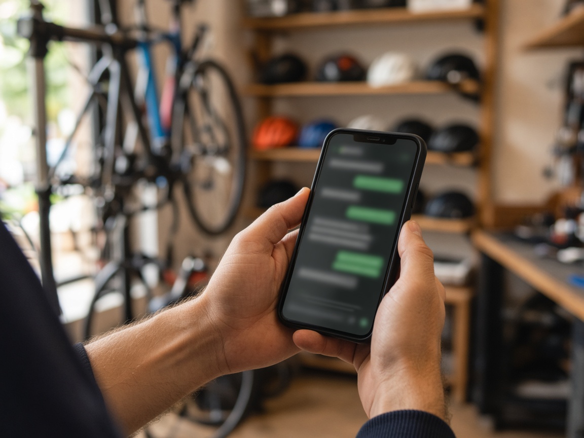 Atendente da bike shop enviando atualização pelo celular