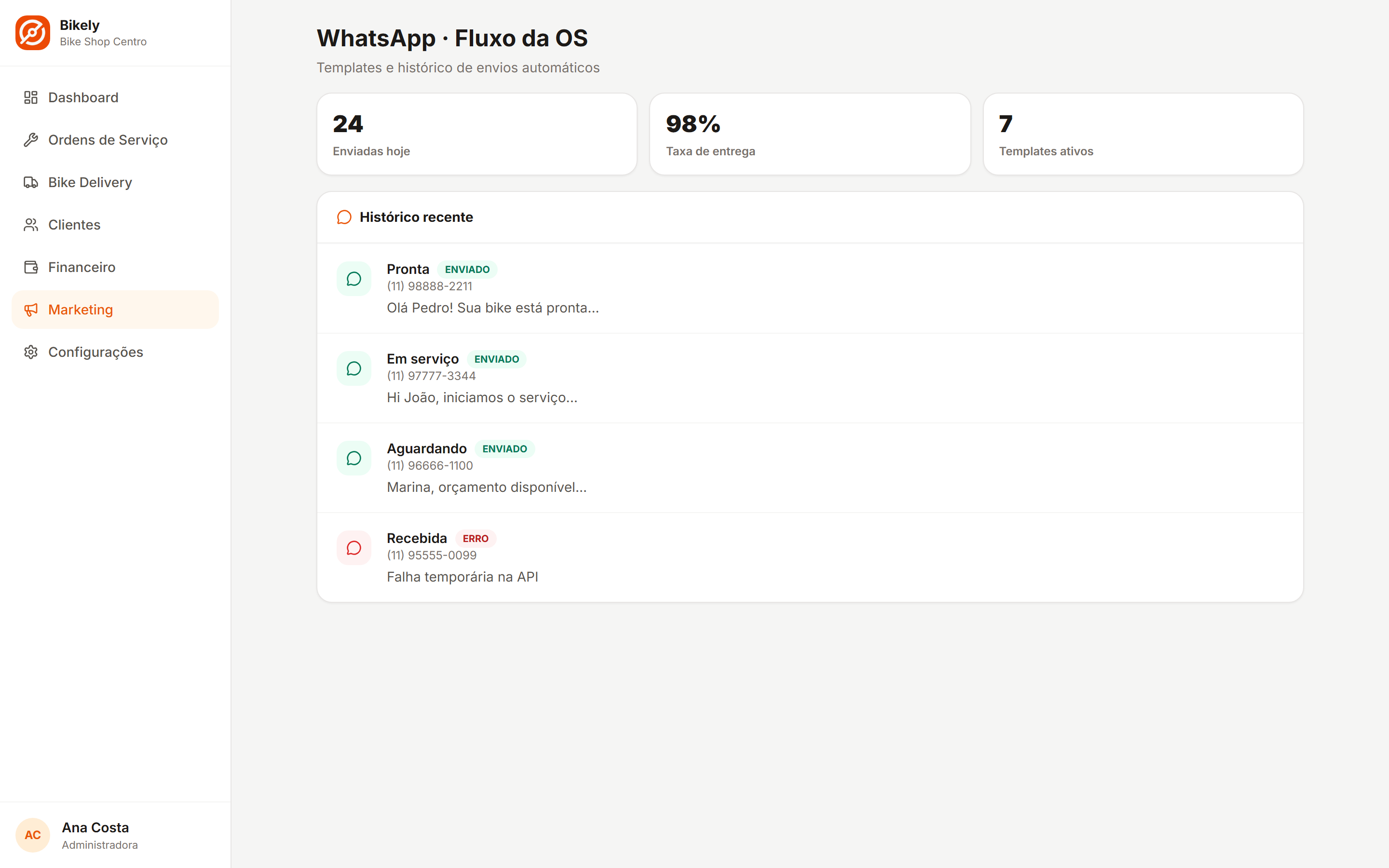 WhatsApp automático — Mensagens em cada etapa, com histórico